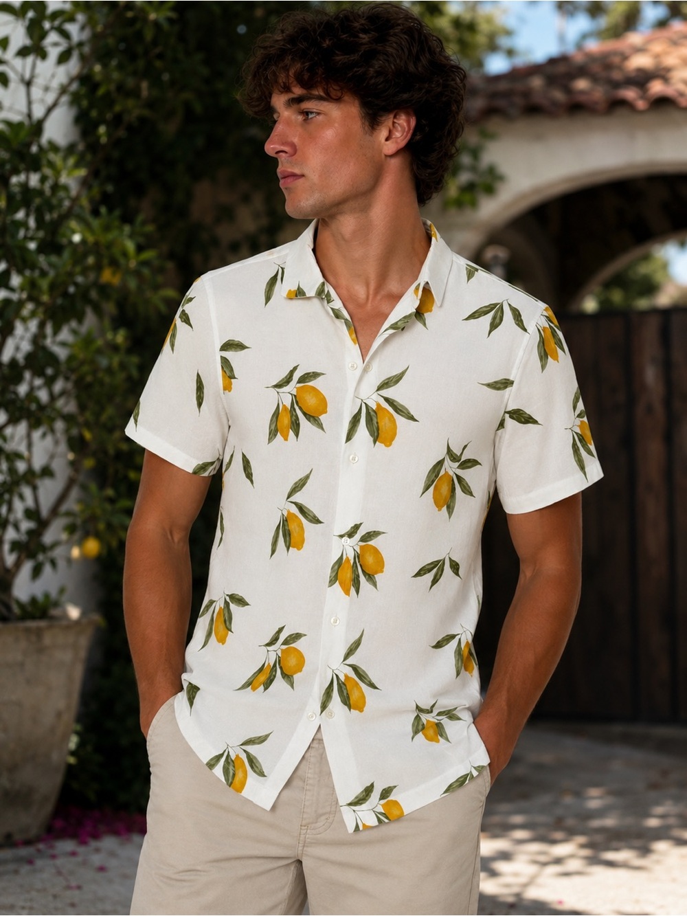 Abercrombie & Fitch White Short-Sleeve Lemon Print Button-Down Shirt